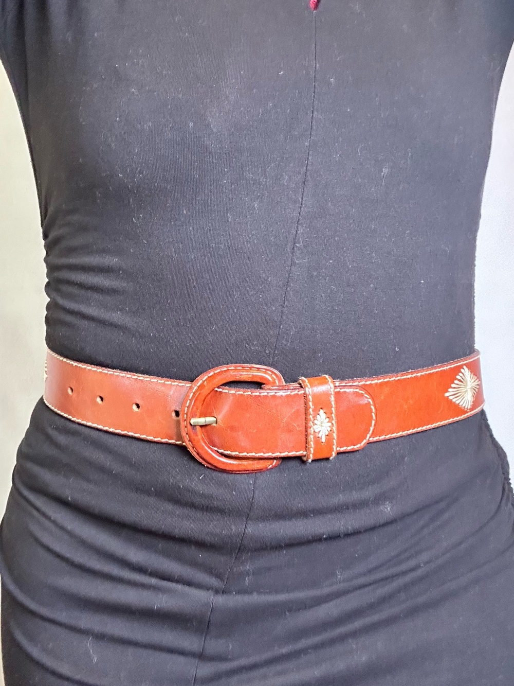 Vintage St. Michael Brown Leather Western Starburst Embroidered Belt Size S